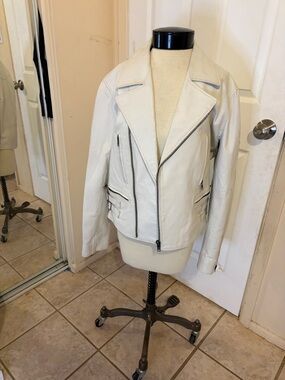 White Leather Moto Jacket with Asymmetric Zip
